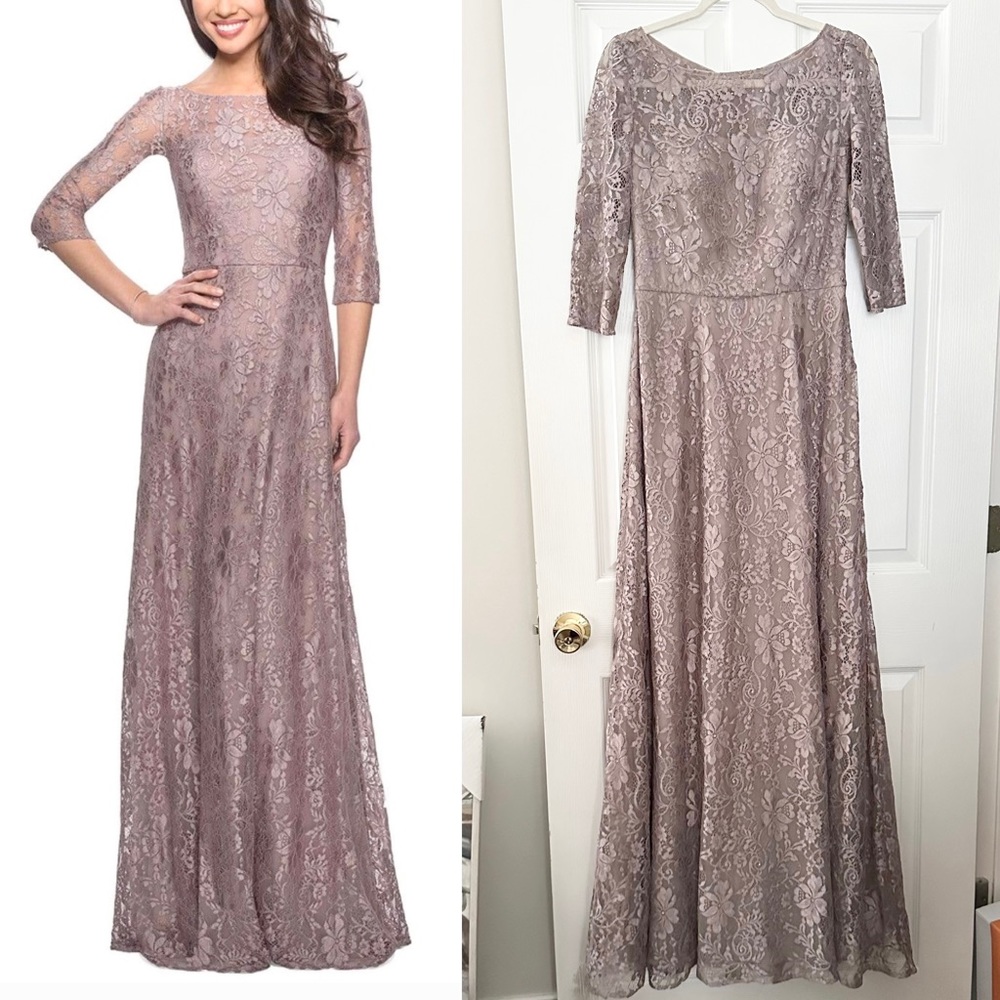 La Femme  Lace Quarter
Length Sleeve Bateau A-line
Dress size 6 Formal Gown - Picture 9 of 15